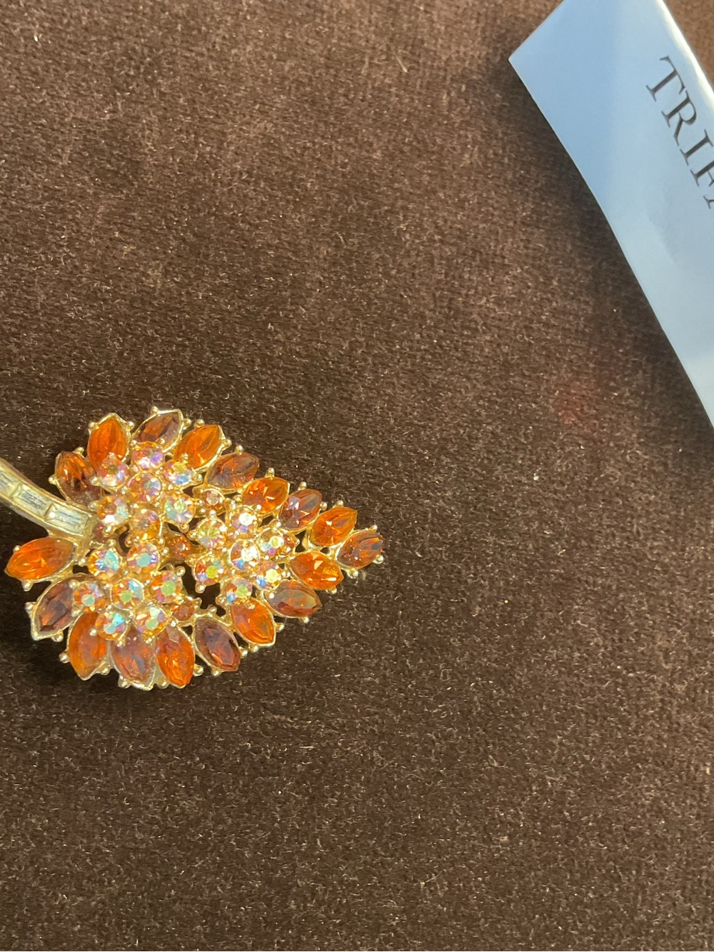 Trifari Gold-Tone Brooch with Orange and Aurora Borealis Crystals